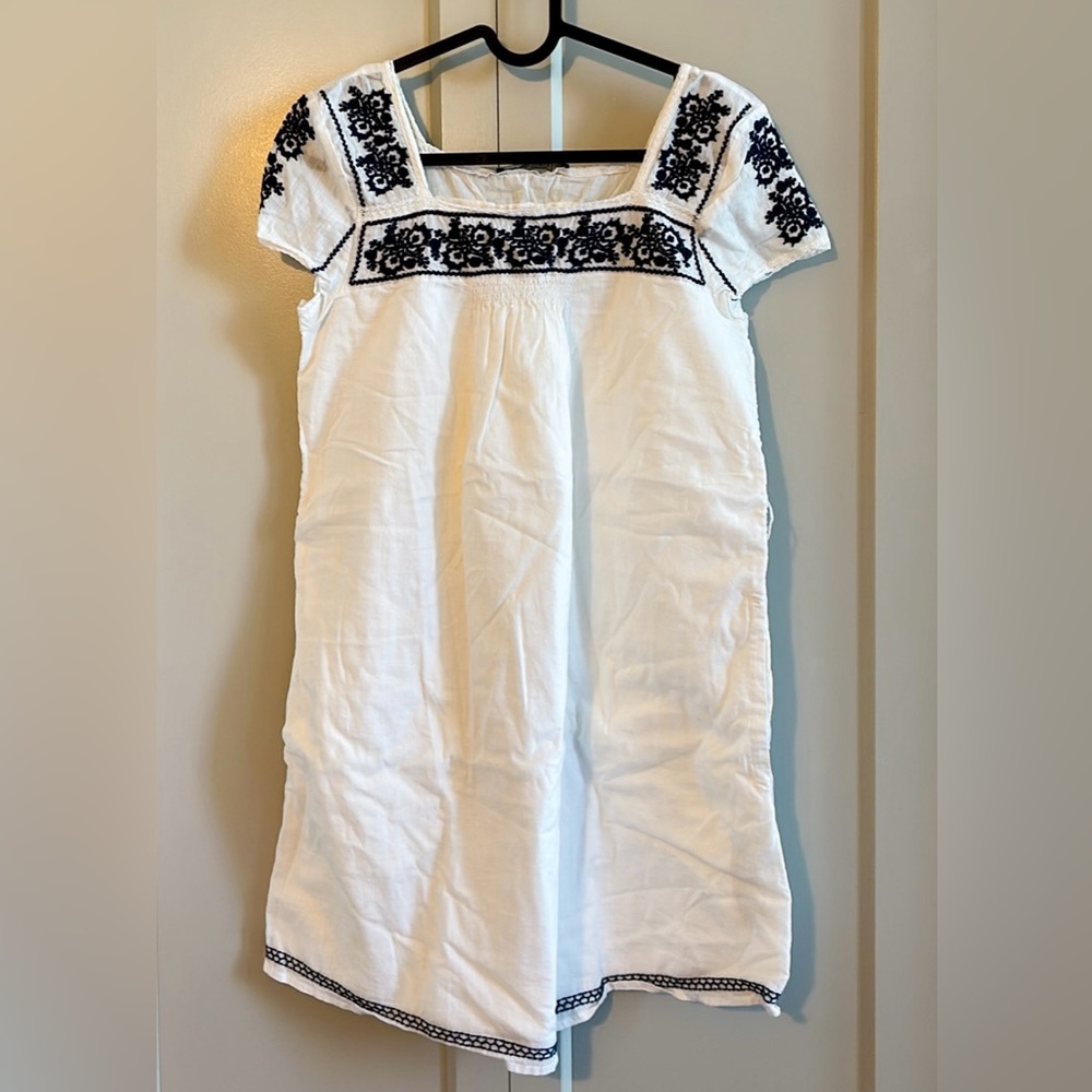 Abercrombie & Fitch Embroidered Puff Sleeve Dress White and Blue